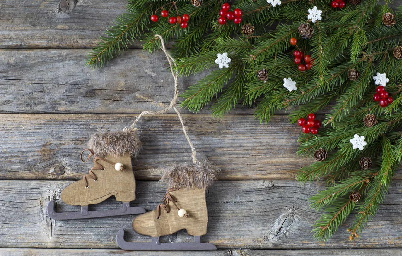 Photo wallpaper decoration, new year, Christmas, Christmas, wood, hearts, skates, decoration