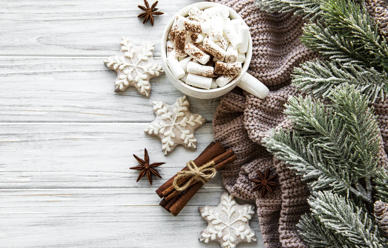 Photo wallpaper branches, ate, Christmas, Cup, spices, marshmallows, Olena Rudo