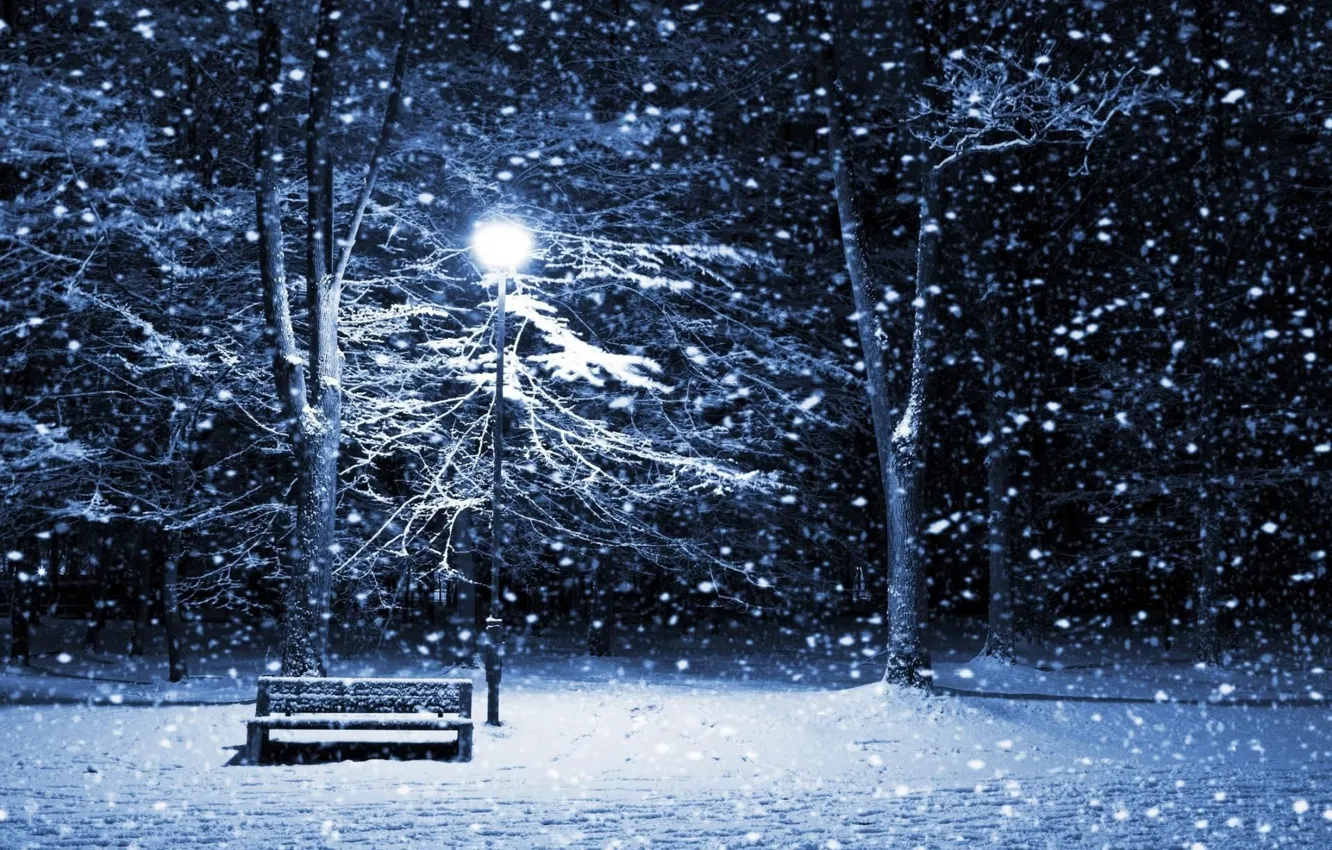 Photo wallpaper winter, snow, bench, night, lantern