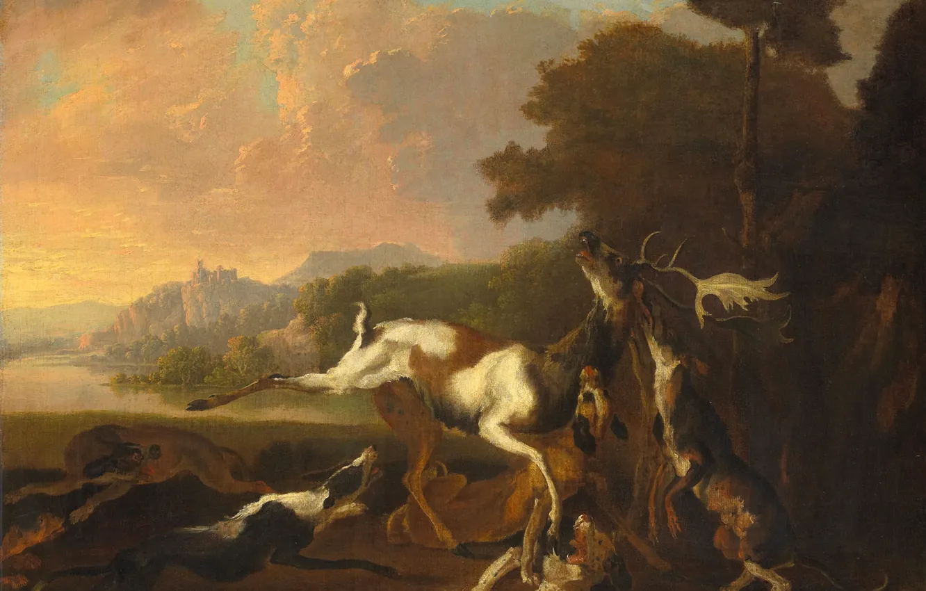 Photo wallpaper animals, landscape, oil, picture, Deer hunting, Danielson Abraham Hondius