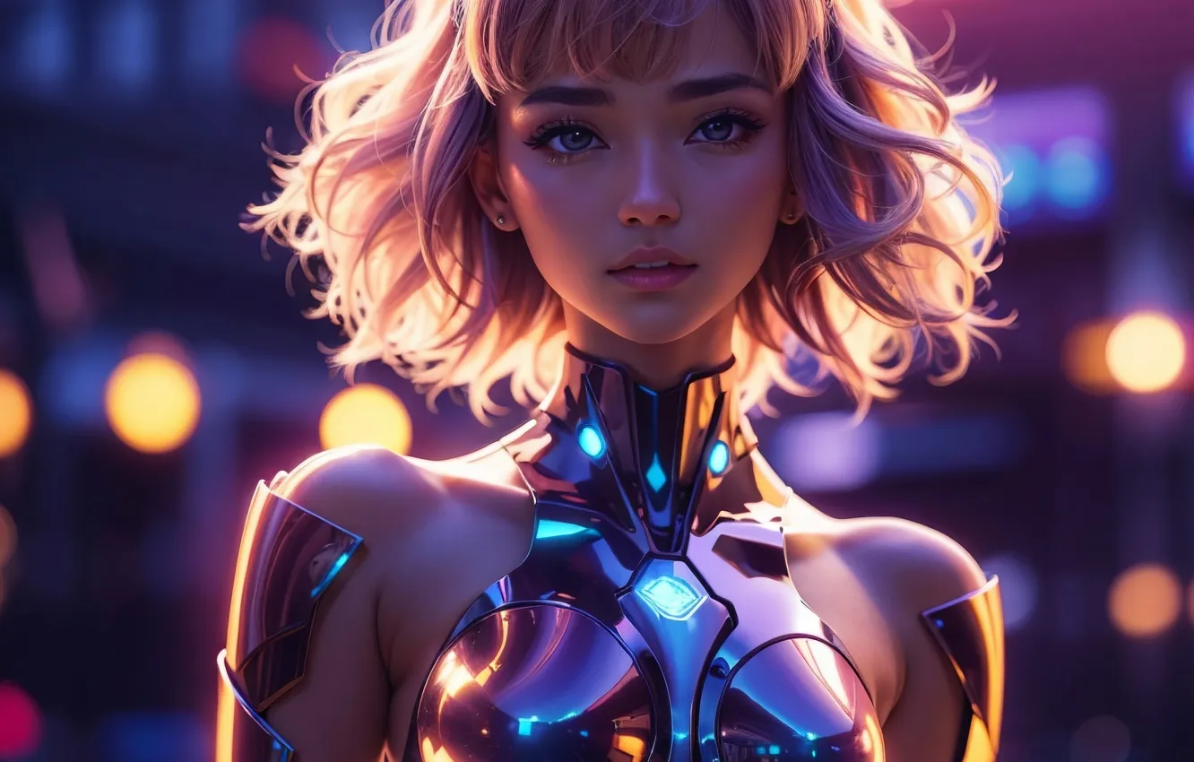 Photo wallpaper Android, beautiful girl, bokeh, digital art, digital art, artificial intelligence, Girl robot, Stability AI