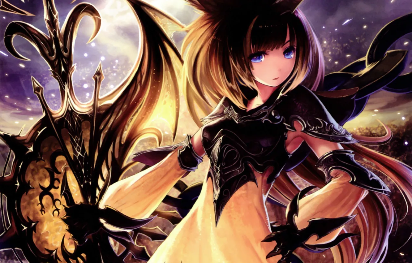 Photo wallpaper the sky, girl, clouds, night, weapons, the moon, anime, art, ears, horn, tachikawa mushimaro, bimo, …