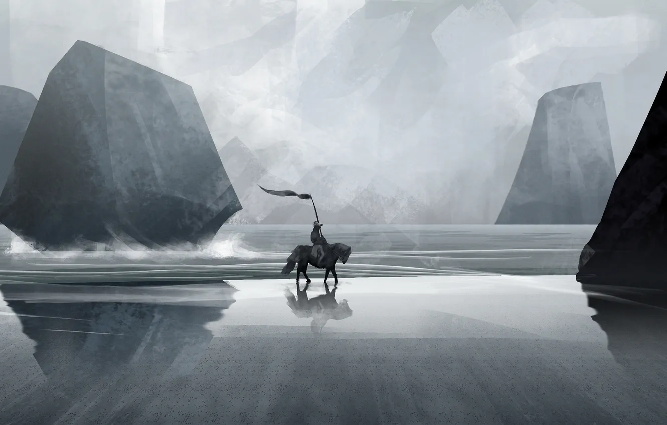 Photo wallpaper sea, rocks, horse, art, surf, rider, banner
