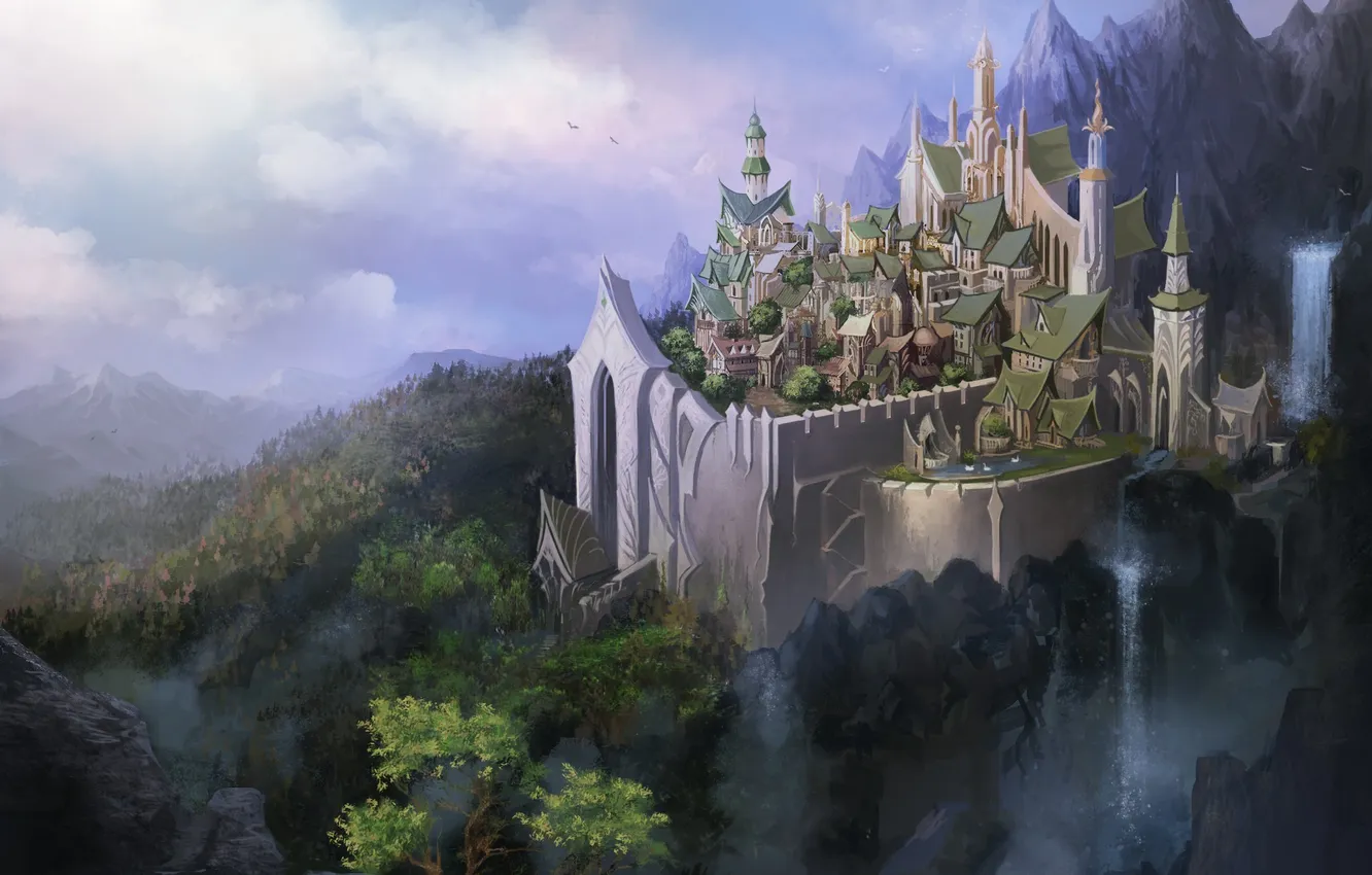 Photo wallpaper landscape, mountains, the city, rocks, art