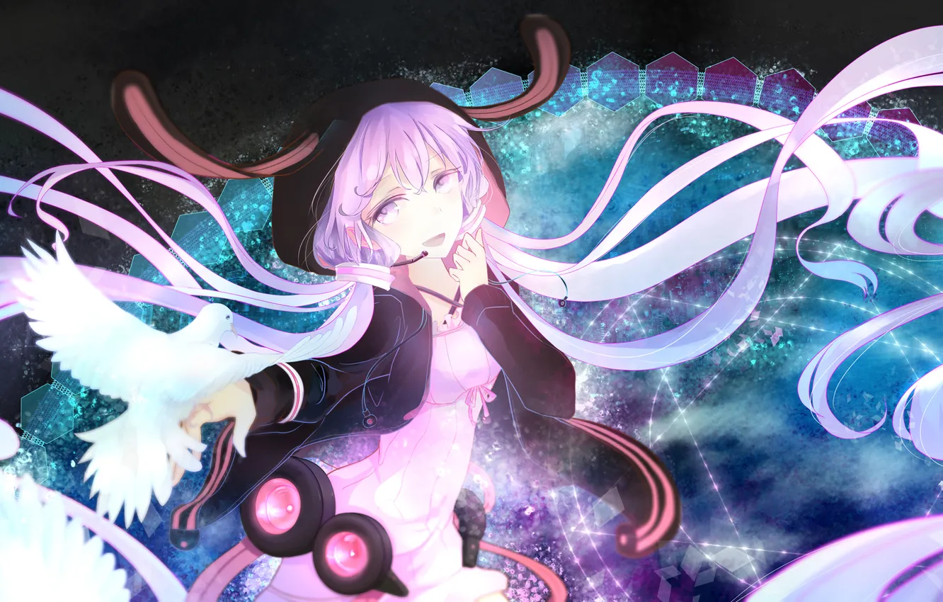 Photo wallpaper girl, smile, bird, anime, art, pigeons, microphone, vocaloid