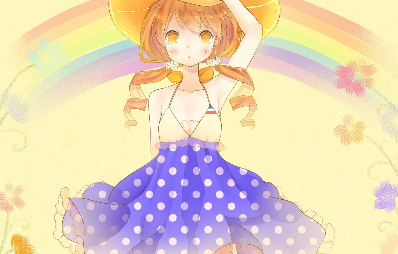 Photo wallpaper girl, flowers, rainbow, hat, anime, art, yuki, mad.usagi