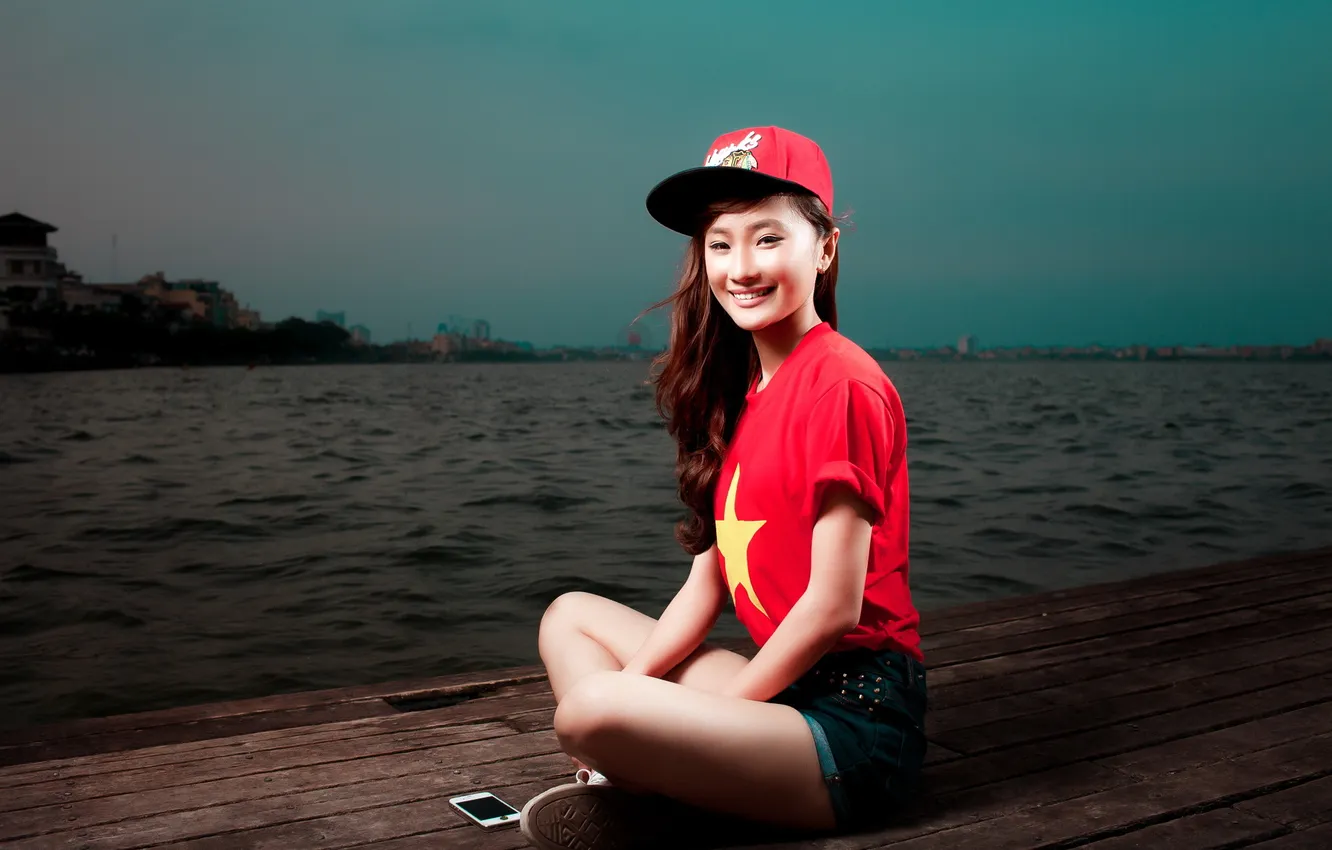 Photo wallpaper girl, bridge, lake, Asian