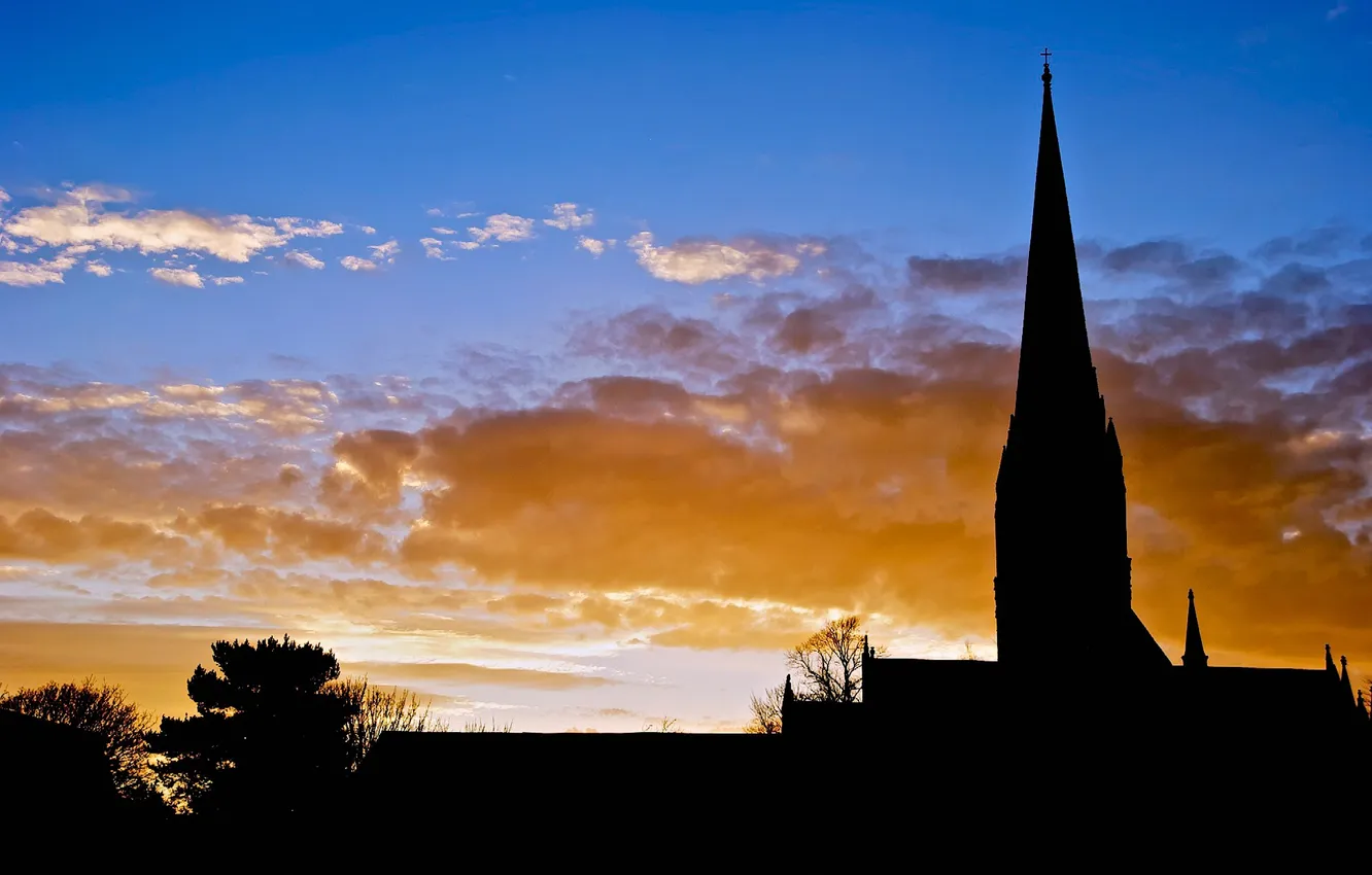 Photo wallpaper the sky, clouds, trees, sunset, silhouette, Church