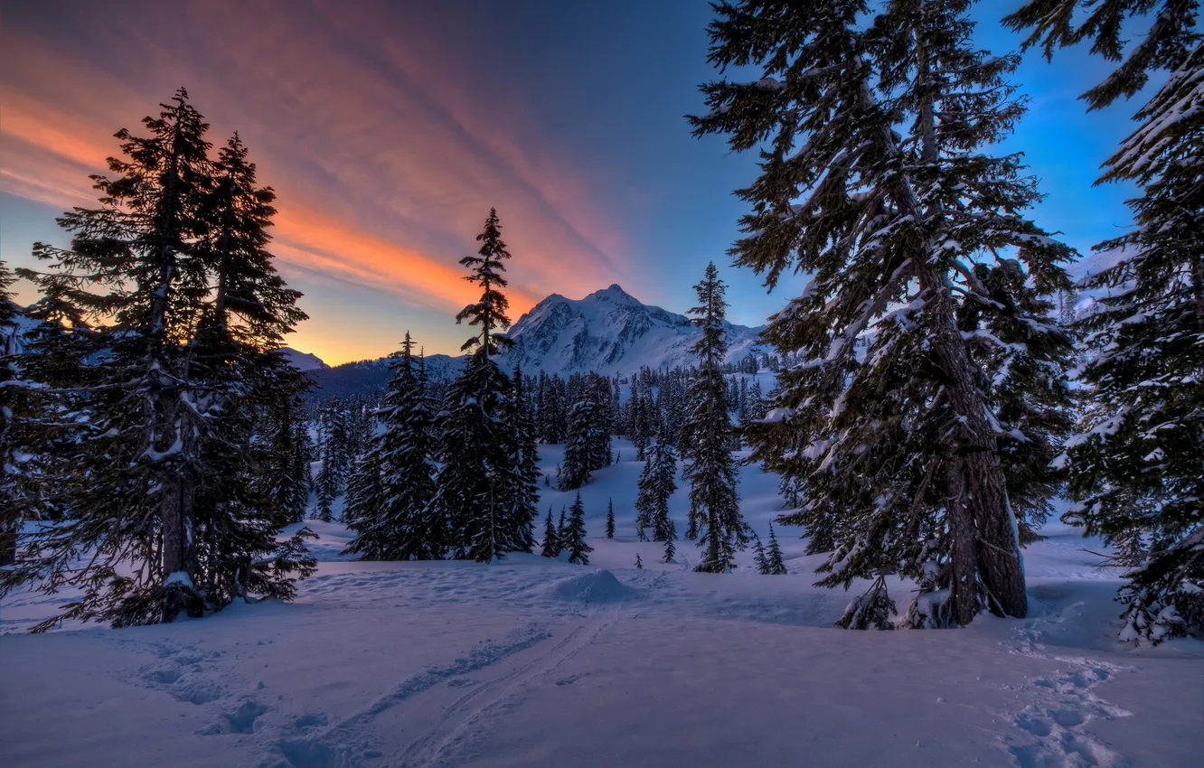 Photo wallpaper winter, landscape, sunset