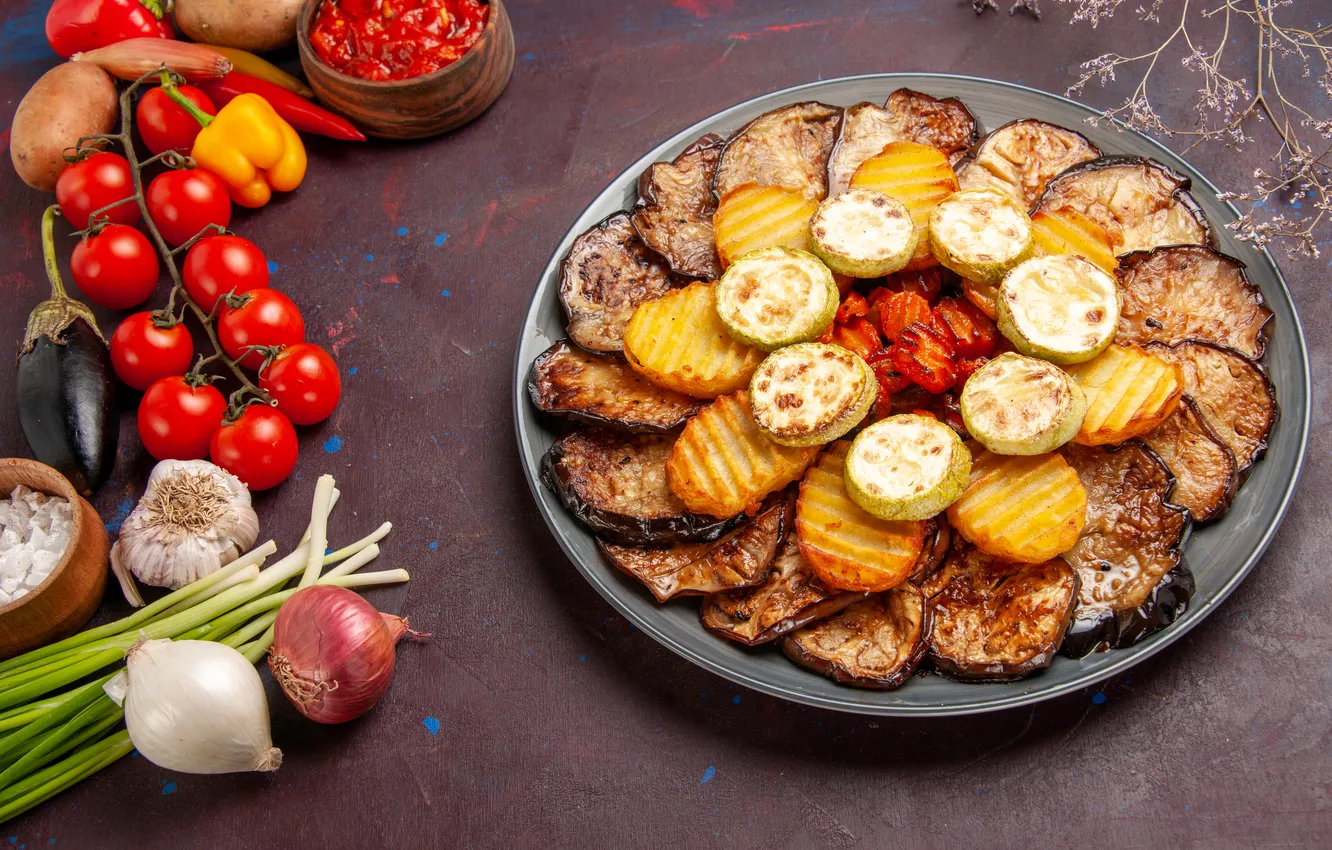Photo wallpaper vegetables, potatoes, dark space, eggplants, fresh vegetables, baked