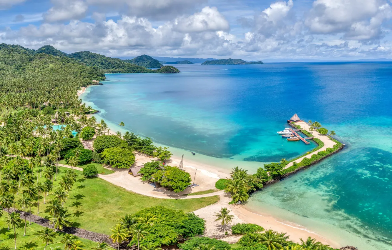 Wallpaper beach, sea, island, boats, pier, palms, tropical, yahts ...