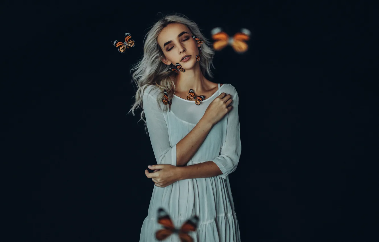 Photo wallpaper girl, butterfly, mood, the dark background