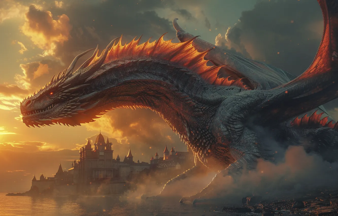 Photo wallpaper dawn, dragon, home, wings, side, digital art, AI art, The Art of Artificial Intelligence