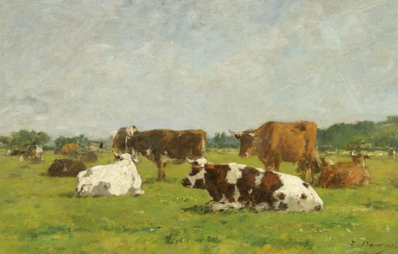 Photo wallpaper animals, picture, Eugene Boudin, Cows on Pasture, Eugene Boudin