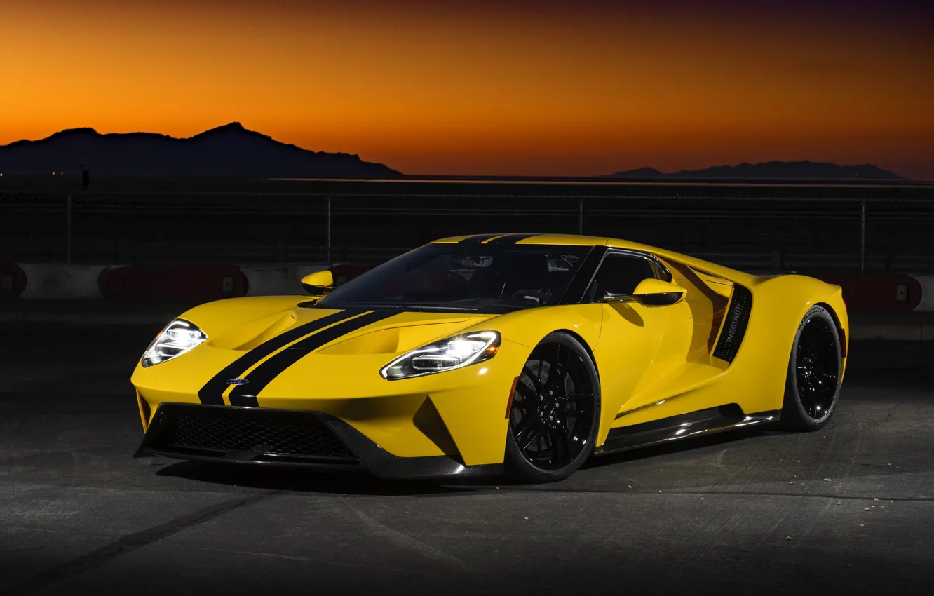 Photo wallpaper car, Ford, Ford GT, yellow, night, montain