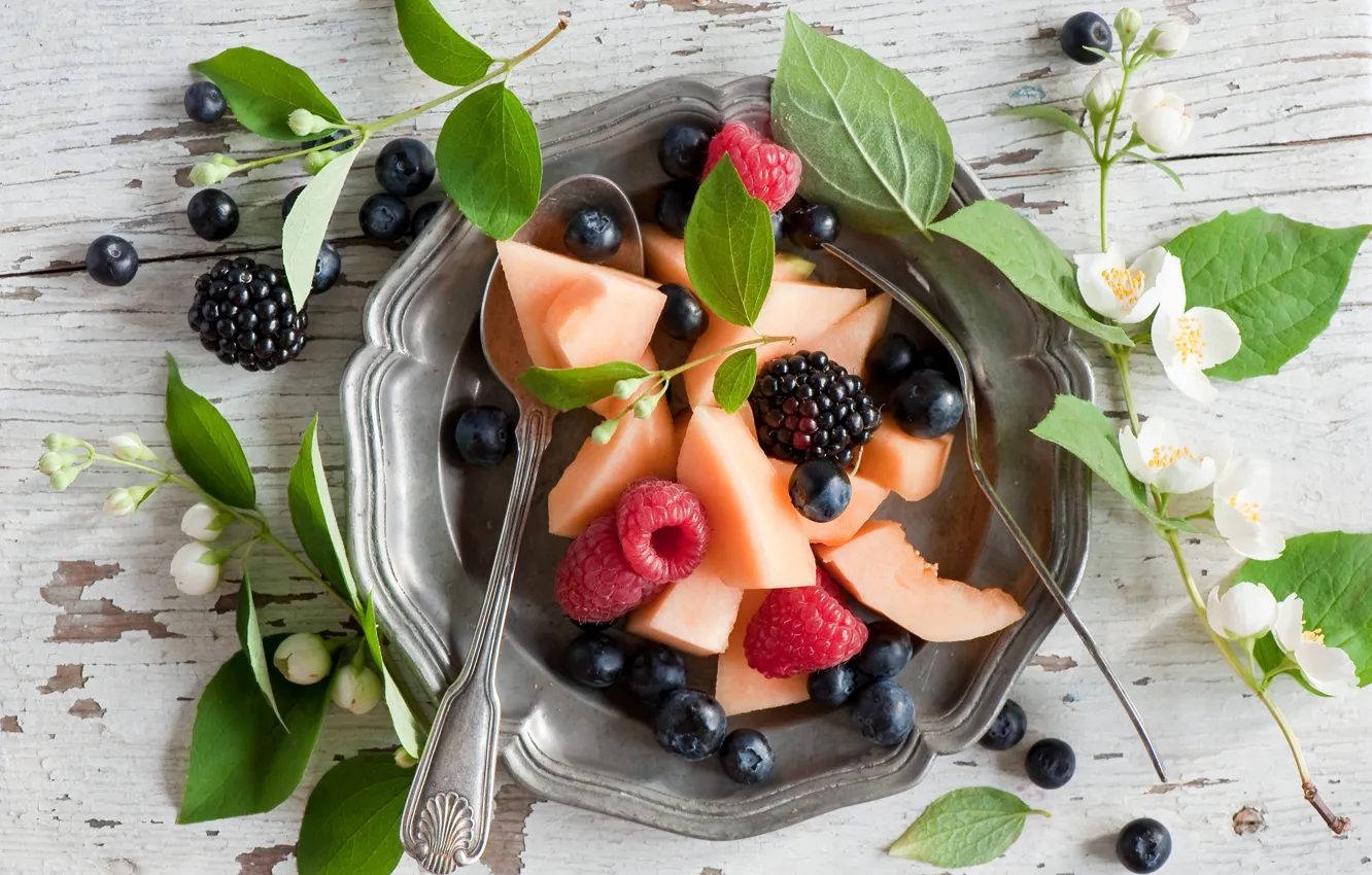 Photo wallpaper Fruit, BlackBerry, Plate, Food, Raspberry, Melon, Blueberries
