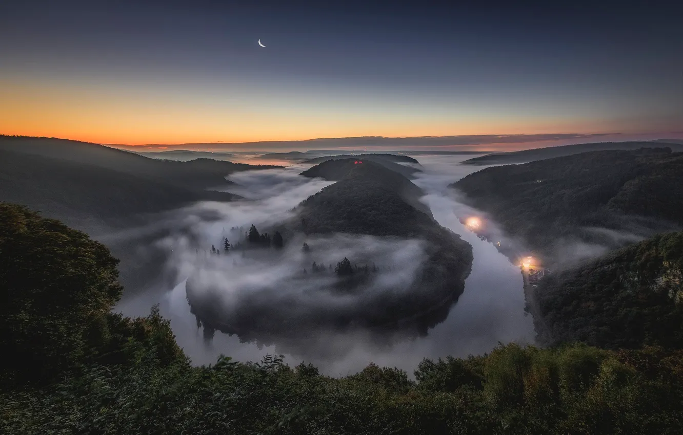 Photo wallpaper night, fog, river, the moon, Germany, Saar, Saarschleife
