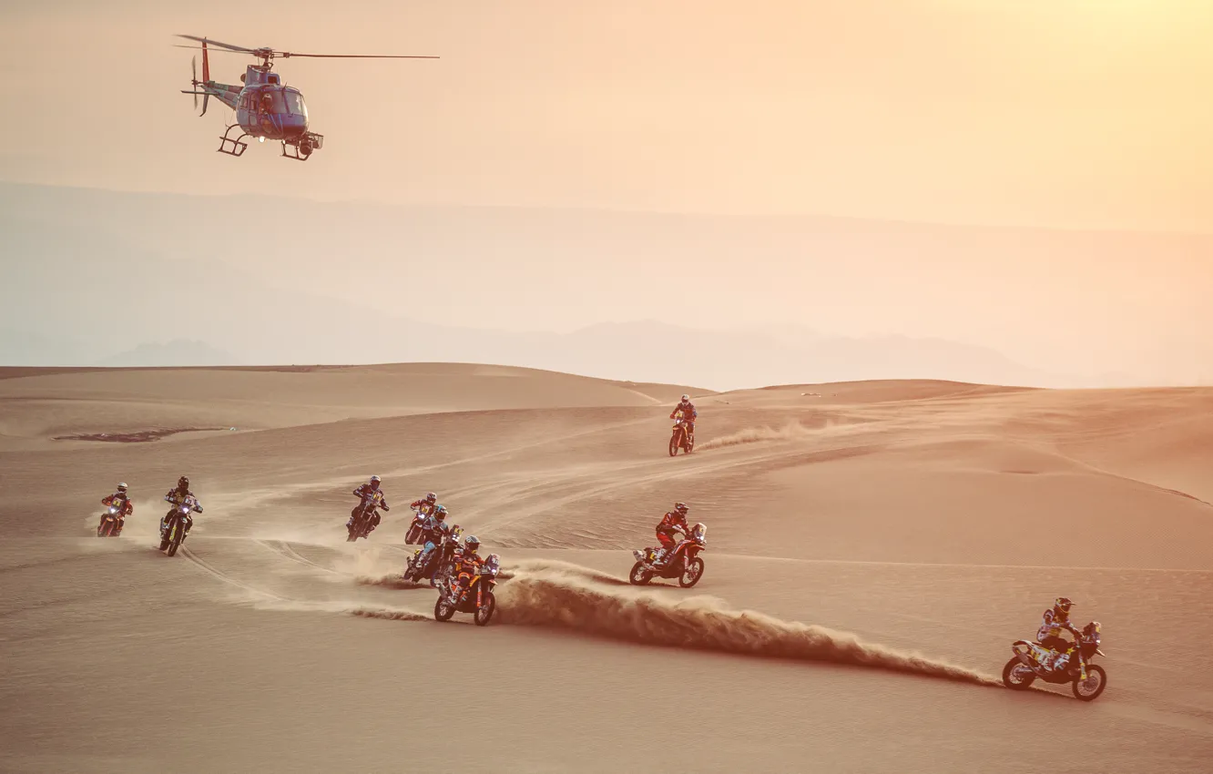Photo wallpaper Sand, Sport, Desert, Helicopter, Race, Motorcycle, Moto, Rally