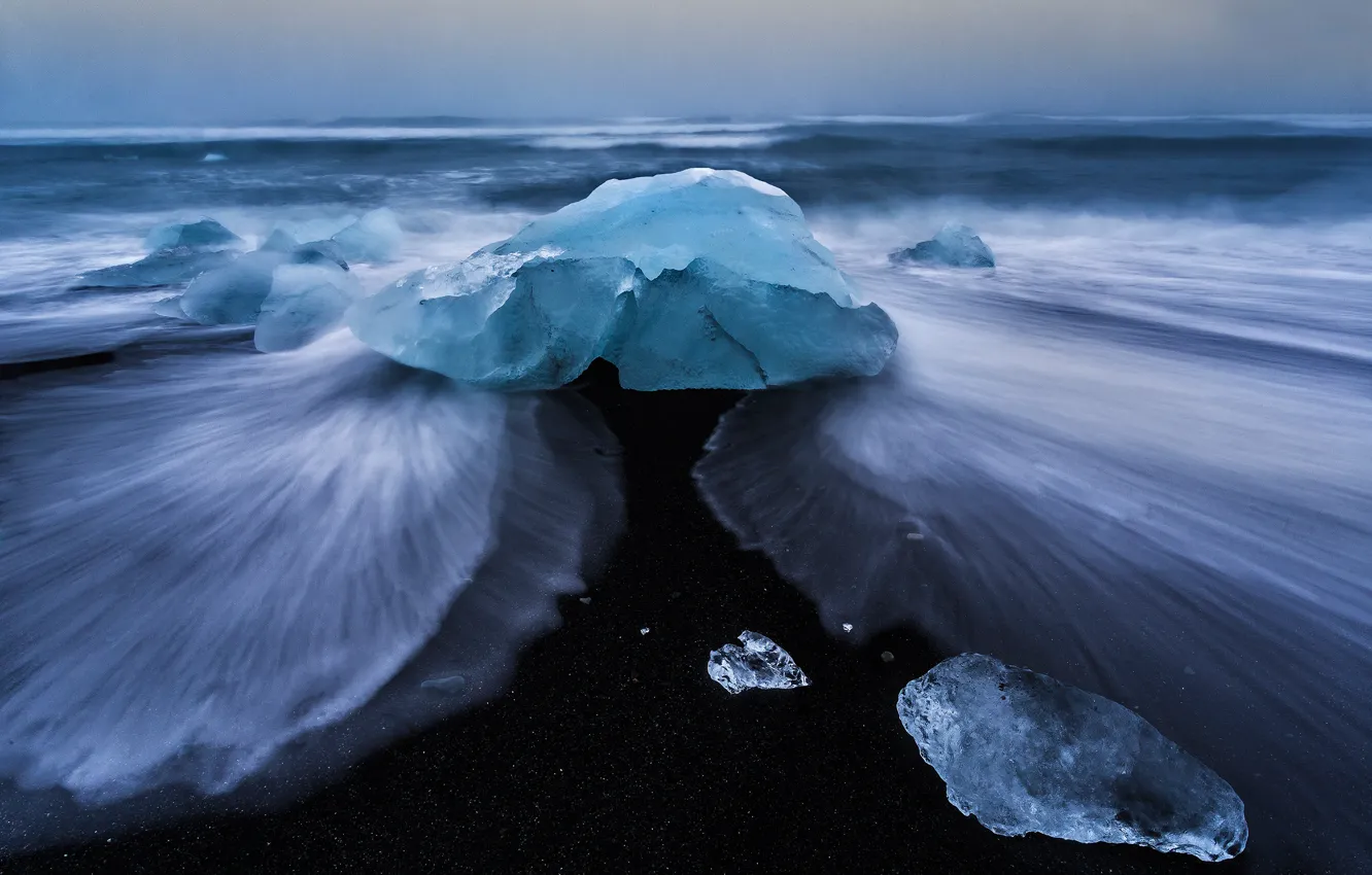 Photo wallpaper ice, sea, wave, shore, ice, Iceland, pieces of ice, chunks of ice