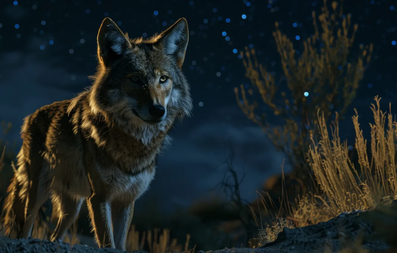 Photo wallpaper grass, look, face, night, wolf, predator, coyote, digital art