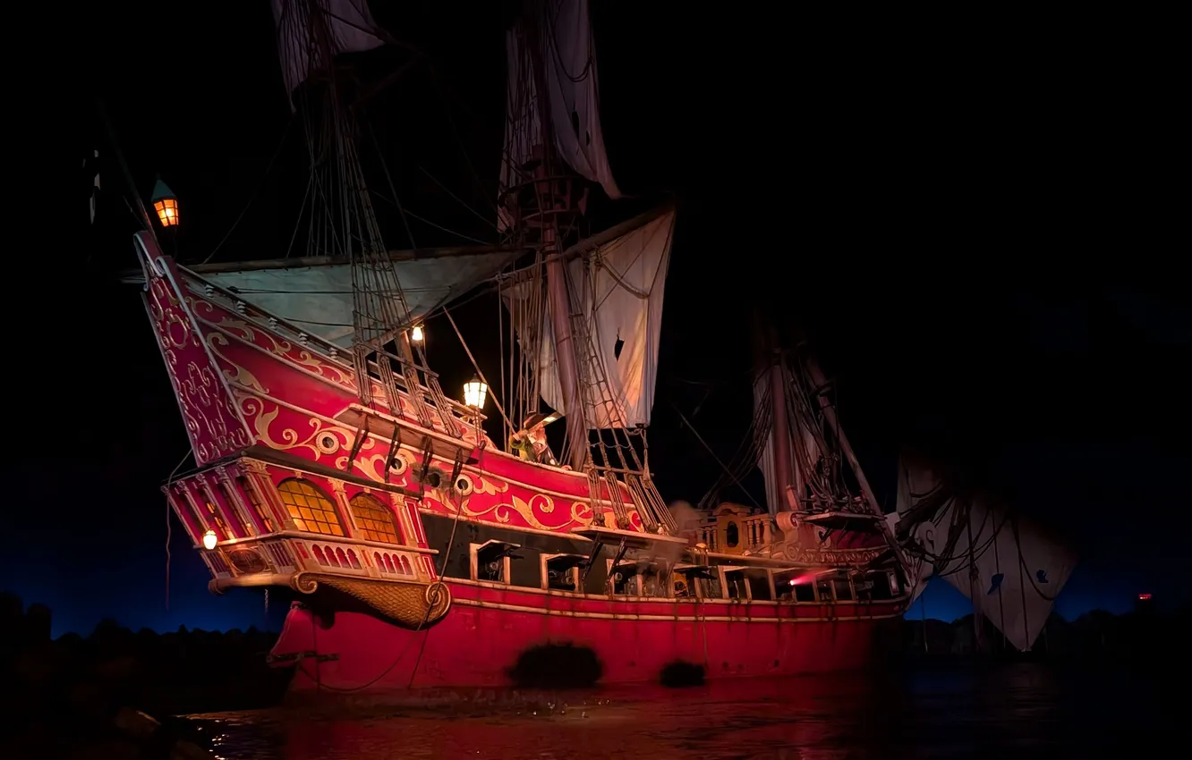 Photo wallpaper water, night, ship, sail