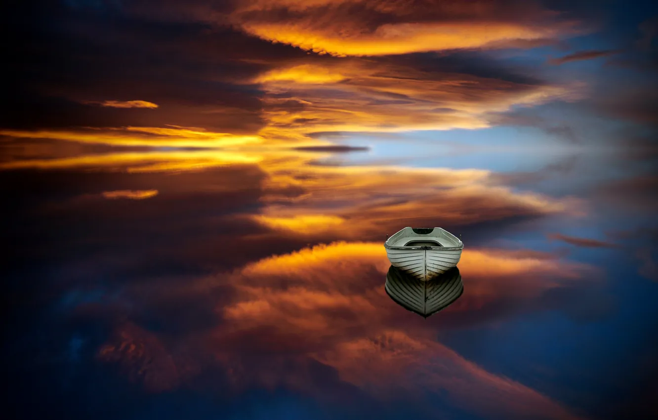 Photo wallpaper the sky, water, clouds, light, sunset, clouds, reflection, rendering