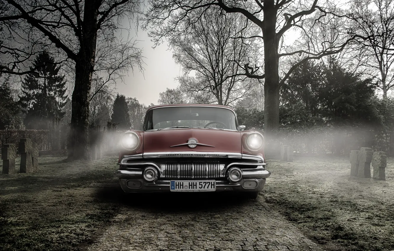 Photo wallpaper machine, fog, cemetery