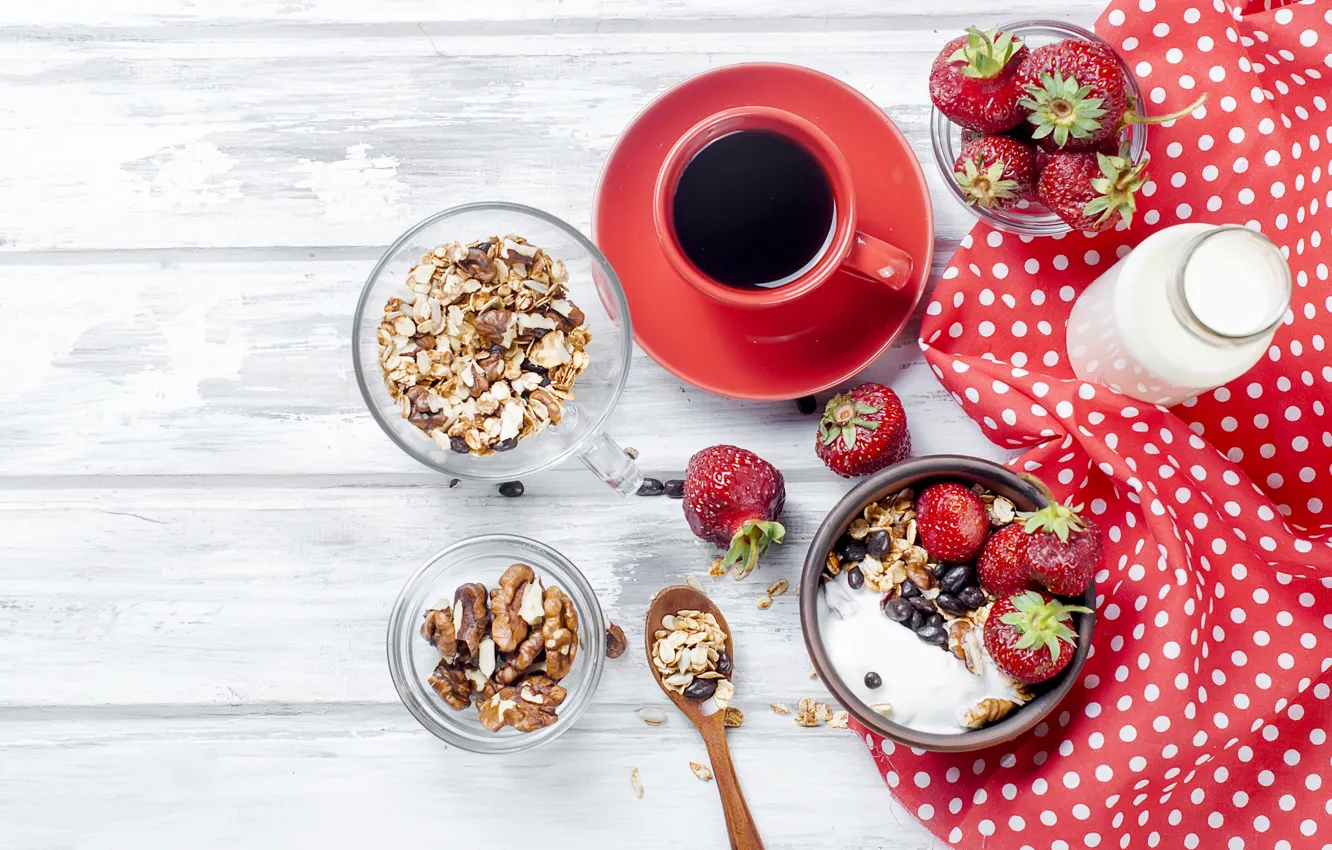Photo wallpaper berries, coffee, food, Breakfast, milk, oatmeal