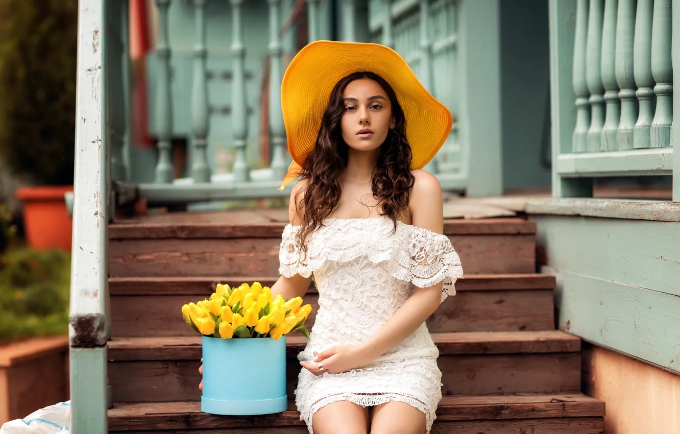 Photo wallpaper girl, hat, legs, yellow tulips, Natia Gachava