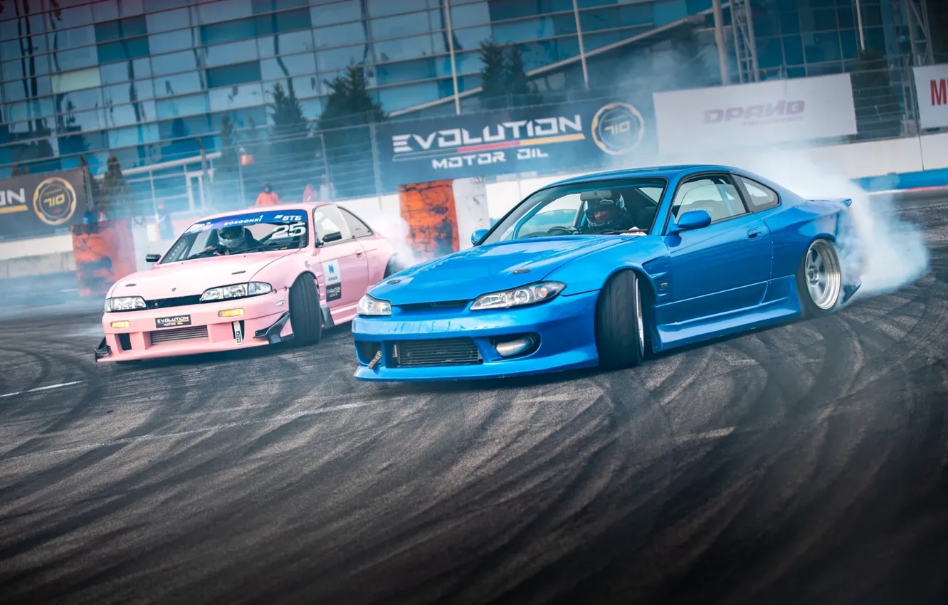 Photo wallpaper nissan, drift, smoke, blue, tuning, pink, silvia, s15