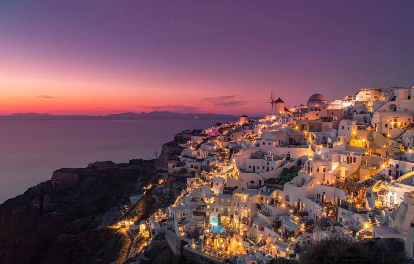 Photo wallpaper night, home, Santorini, Greece, Fira