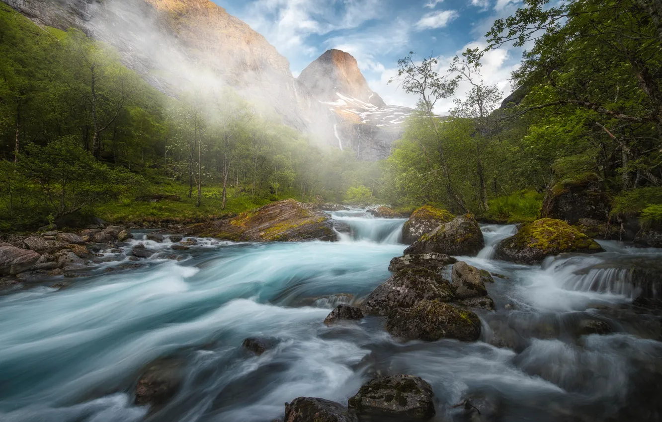 Photo wallpaper forest, mountains, river, stones, Norway, Norway, The River Istra, Isterdalen Valley