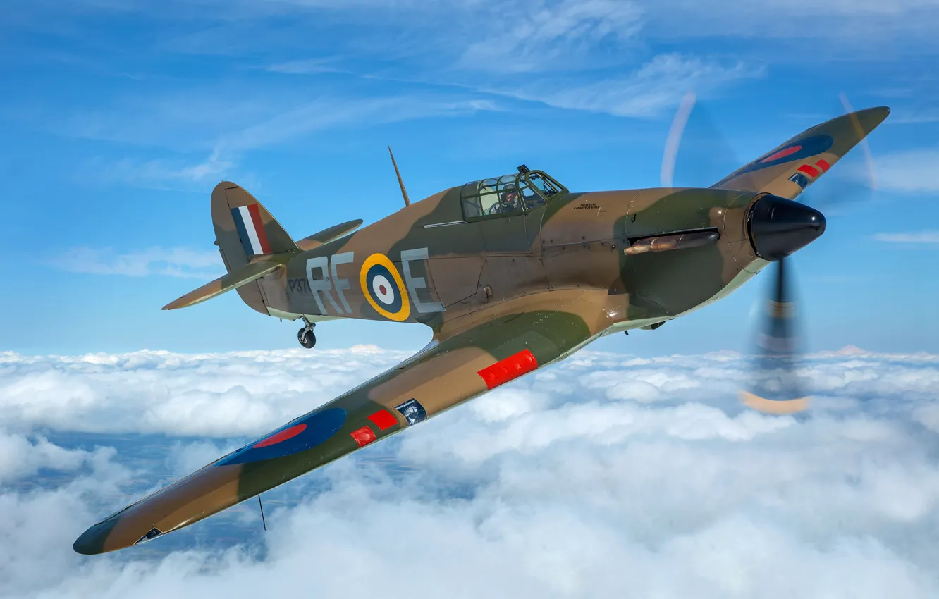 Photo wallpaper Clouds, Screw, Fighter, Pilot, Hawker Hurricane, Hurricane, RAF, The Second World War