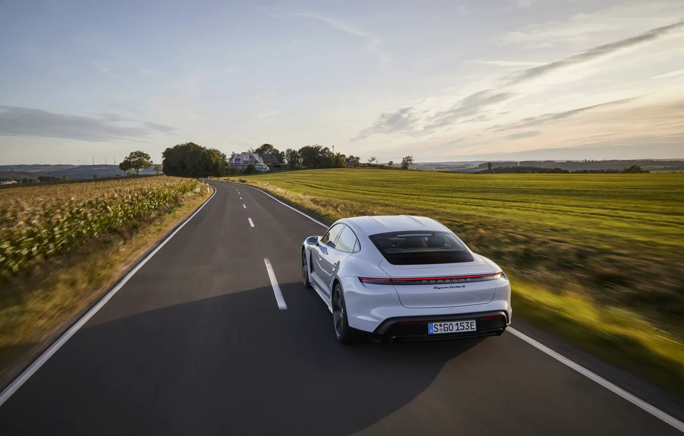 Photo wallpaper road, field, Porsche, Turbo S, 2020, Taycan