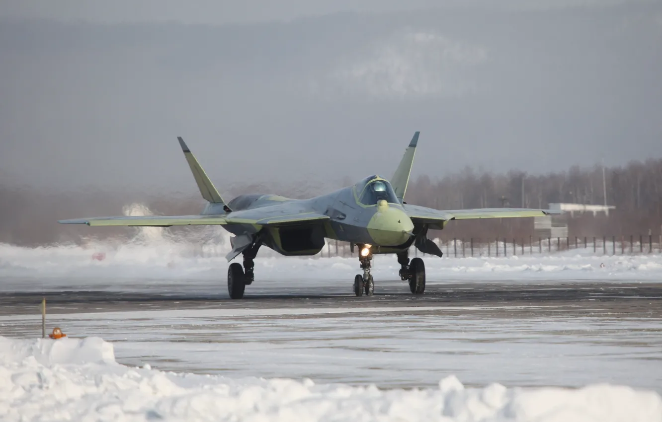 Photo wallpaper winter, snow, the airfield, T-50, Russian, PAK FA, Oak, multi-role fighter