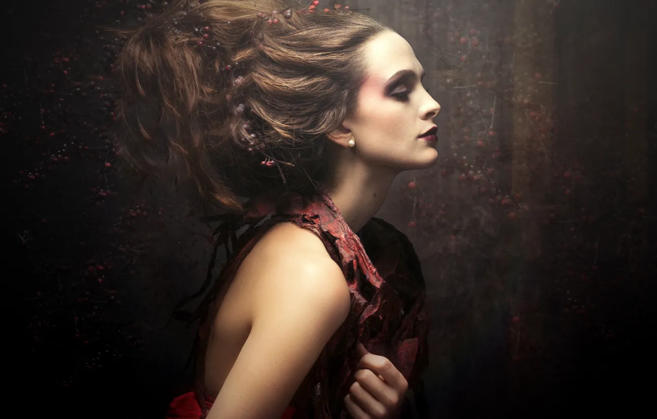Photo wallpaper portrait, style, look, face, profile, makeup, girl, branches