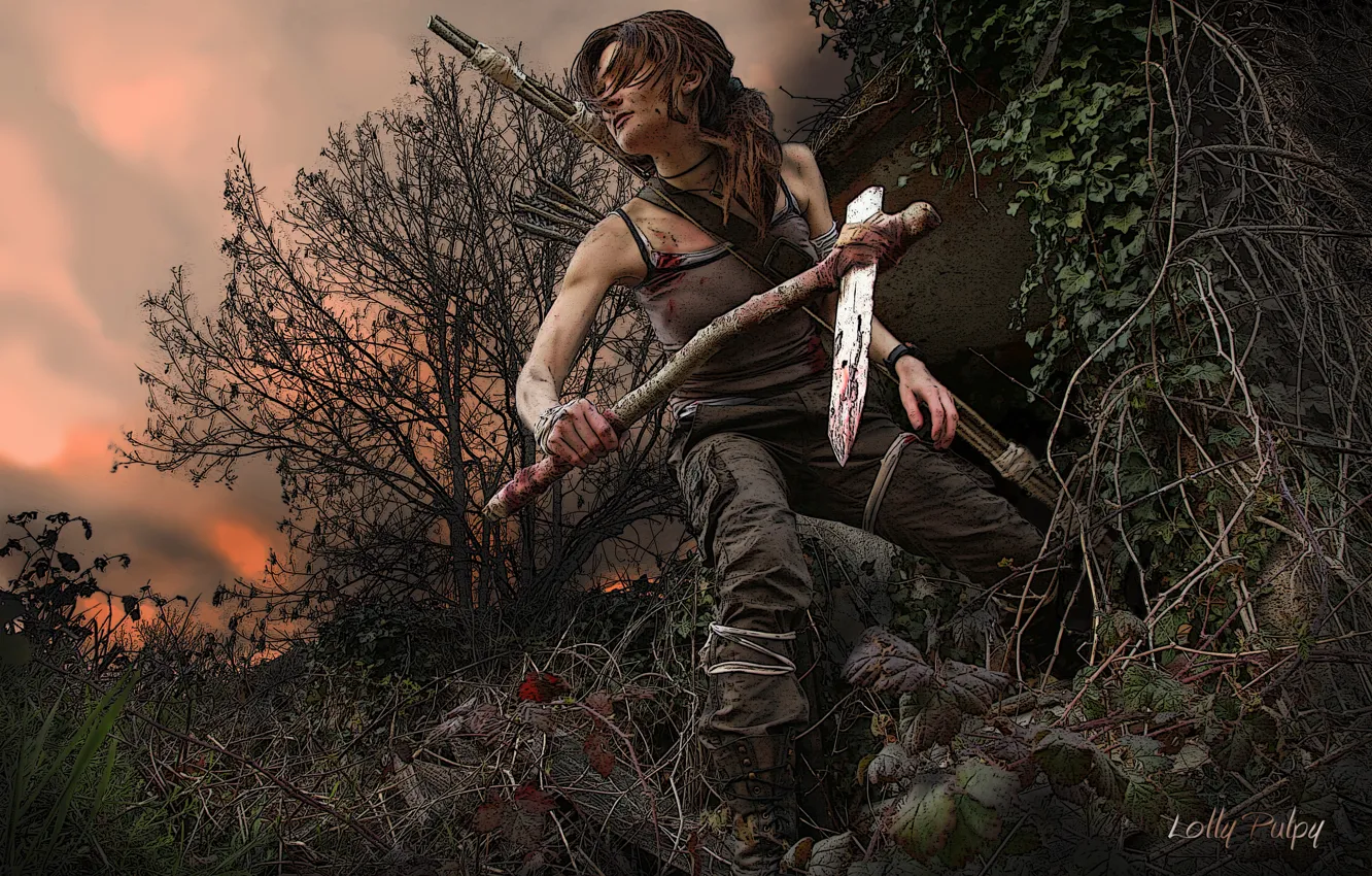 Photo wallpaper the sky, leaves, girl, trees, sunset, branches, weapons, hair