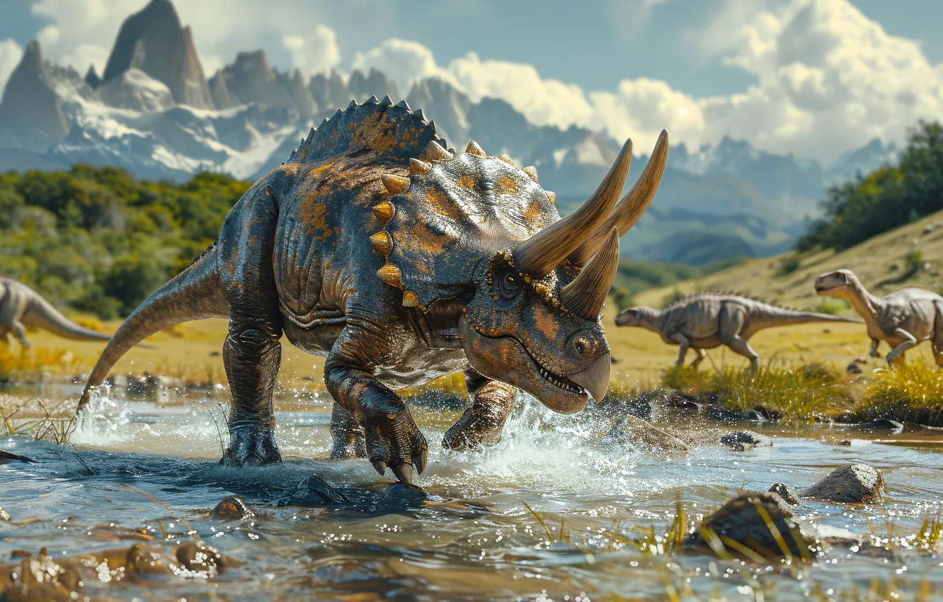 Photo wallpaper water, clouds, trees, mountains, animal, dinosaur, horns, river