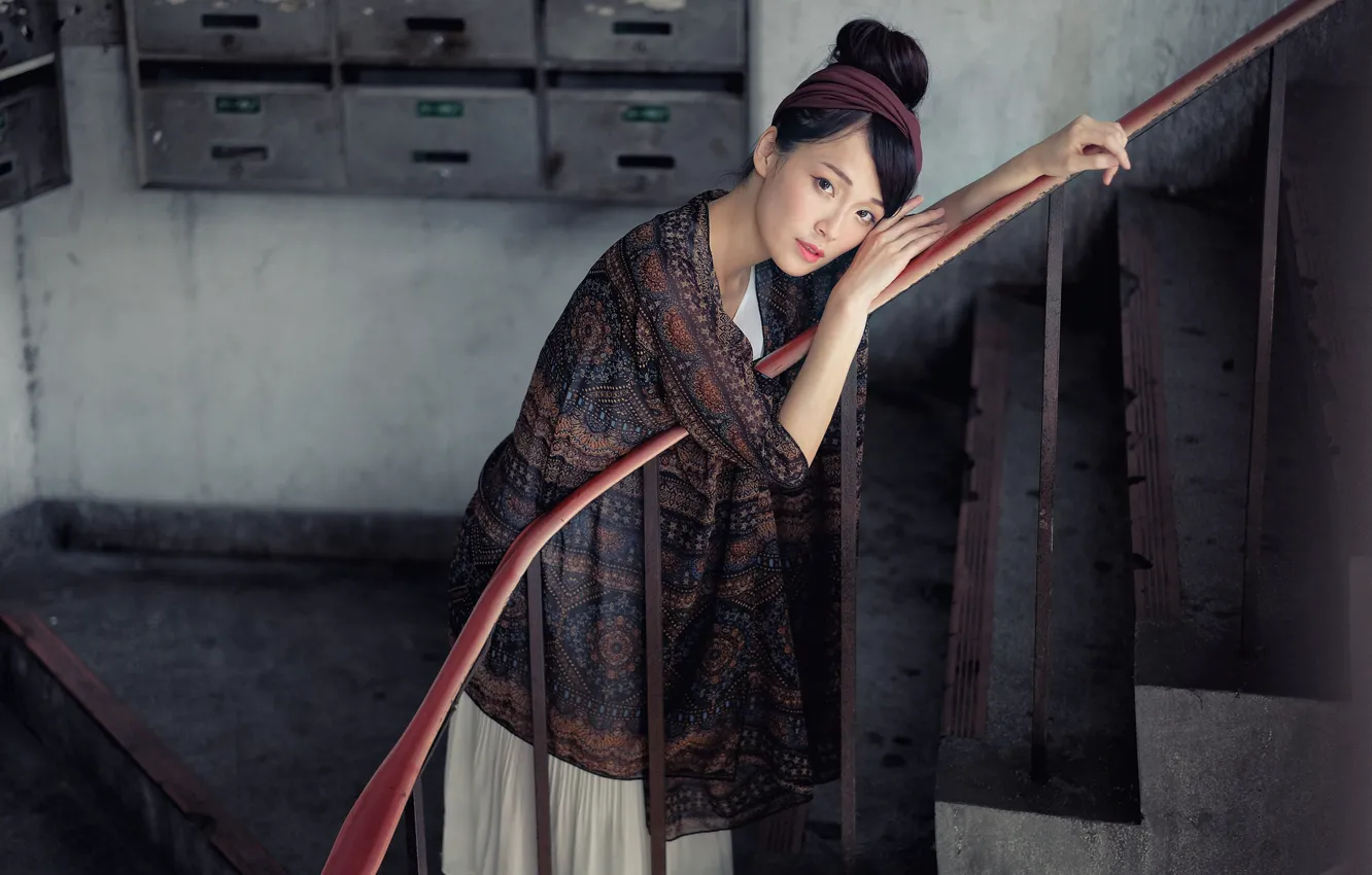 Photo wallpaper look, face, model, hair, steps, railings