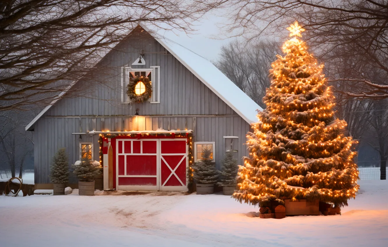 Photo wallpaper winter, snow, decoration, lights, lights, balls, tree, new year