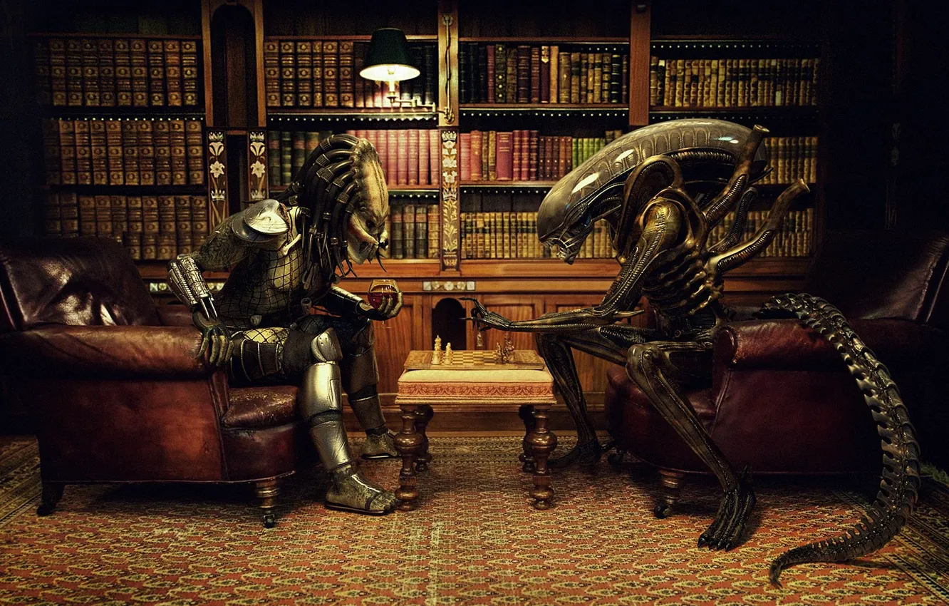 Photo wallpaper predator, chess, Stranger, office, against, party, owner, Alien vs Predator