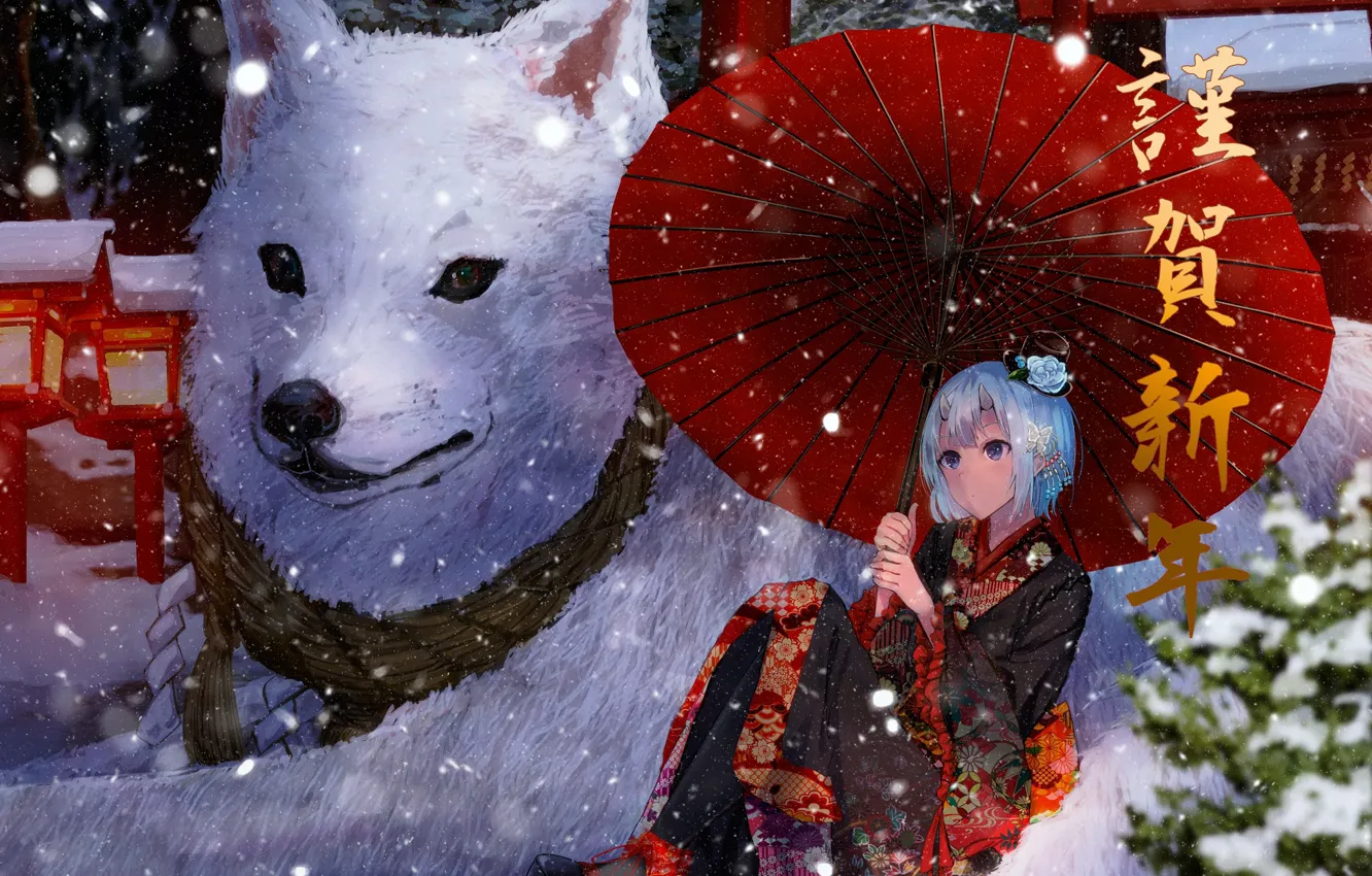 Photo wallpaper girl, snow, dog, art, konkito