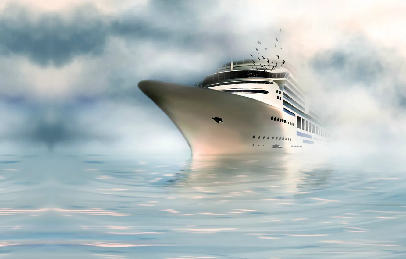 Photo wallpaper sea, water, the ocean, ship, seagulls, art