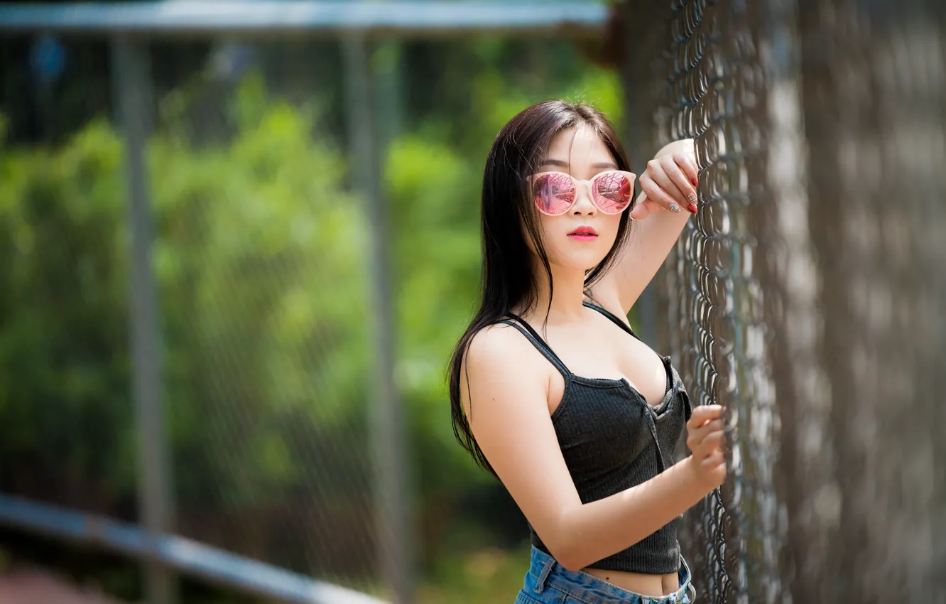 Photo wallpaper look, sexy, glasses, Asian, bokeh