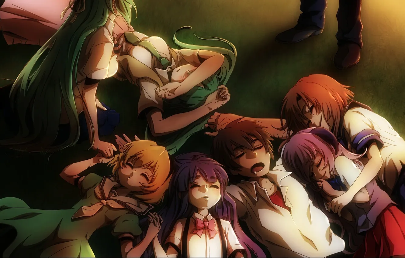 Photo wallpaper grass, girl, anime, art, guy, Higurashi no Naku Koro ni, hanyuu, Rika Furude