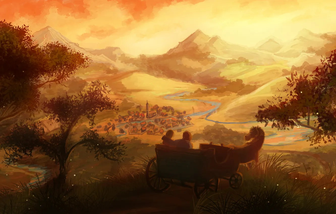 Photo wallpaper road, landscape, river, horse, home, village, art, cart