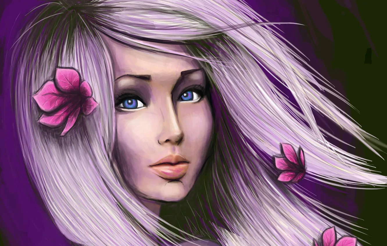 Photo wallpaper look, girl, flowers, face, hair, pink