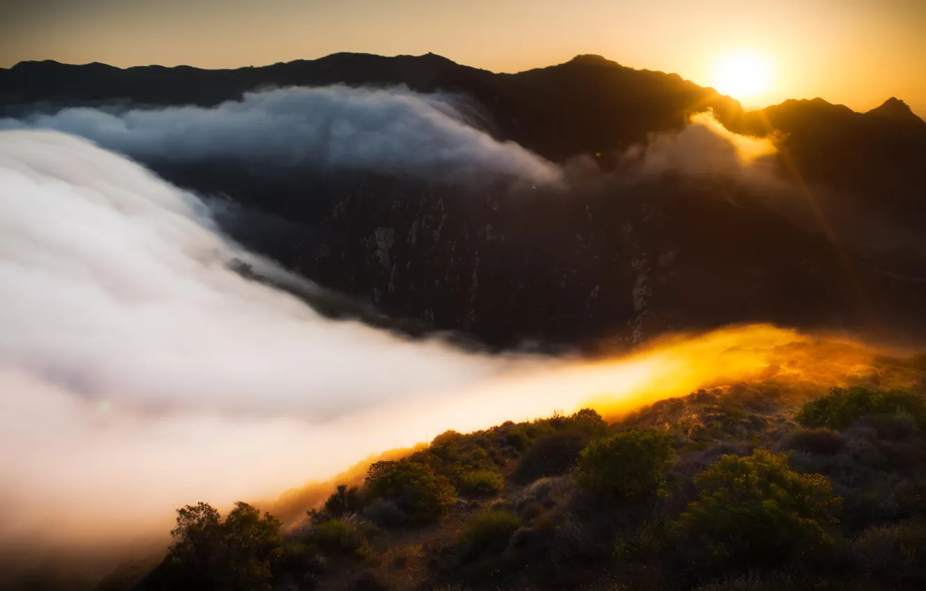 Photo wallpaper the sun, clouds, mountains, dawn, tops