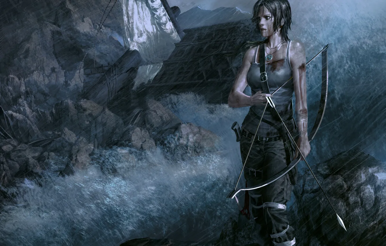 Photo wallpaper girl, stones, weapons, home, bow, art, Tomb Raider, arrows