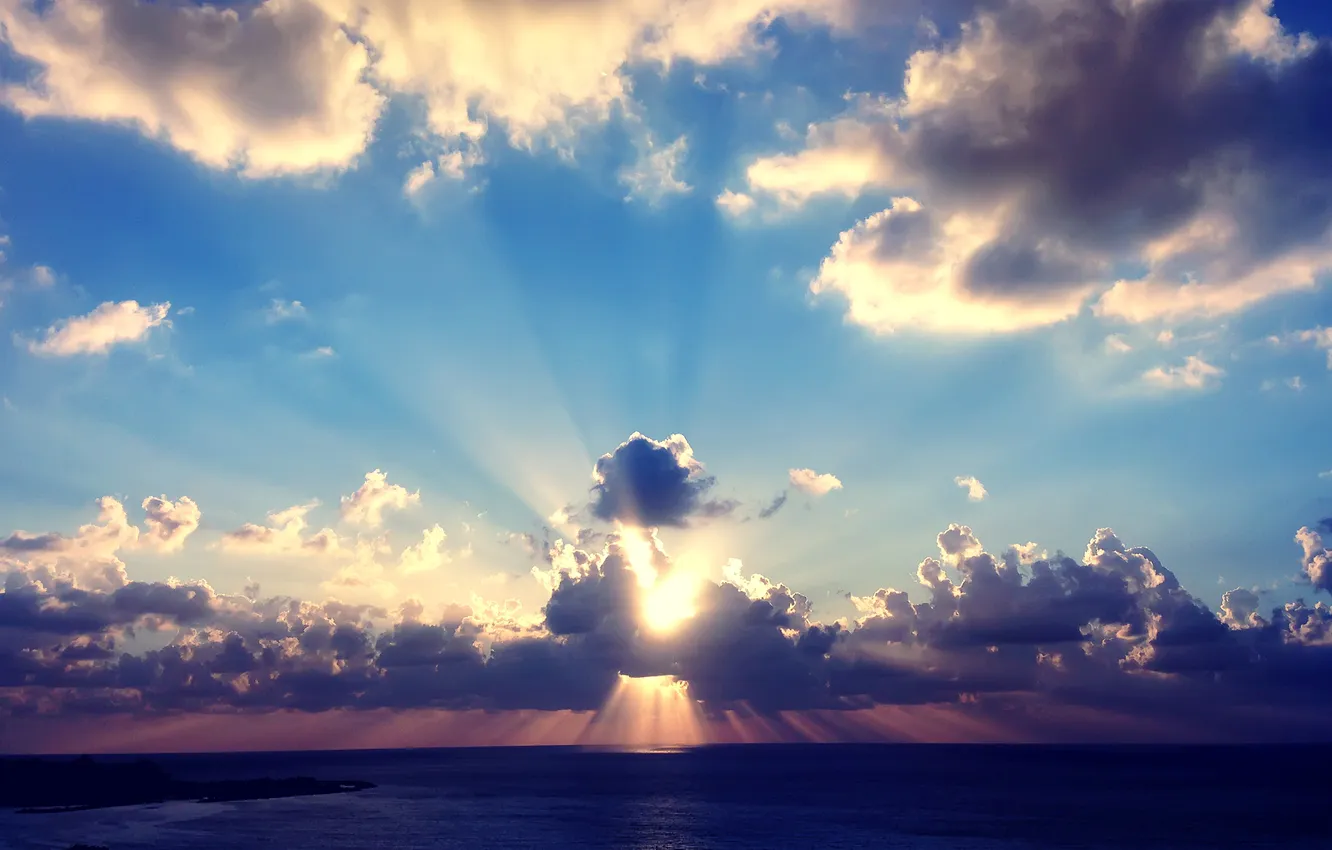 Photo wallpaper sea, the sun, clouds, sunset, clouds, the sun's rays
